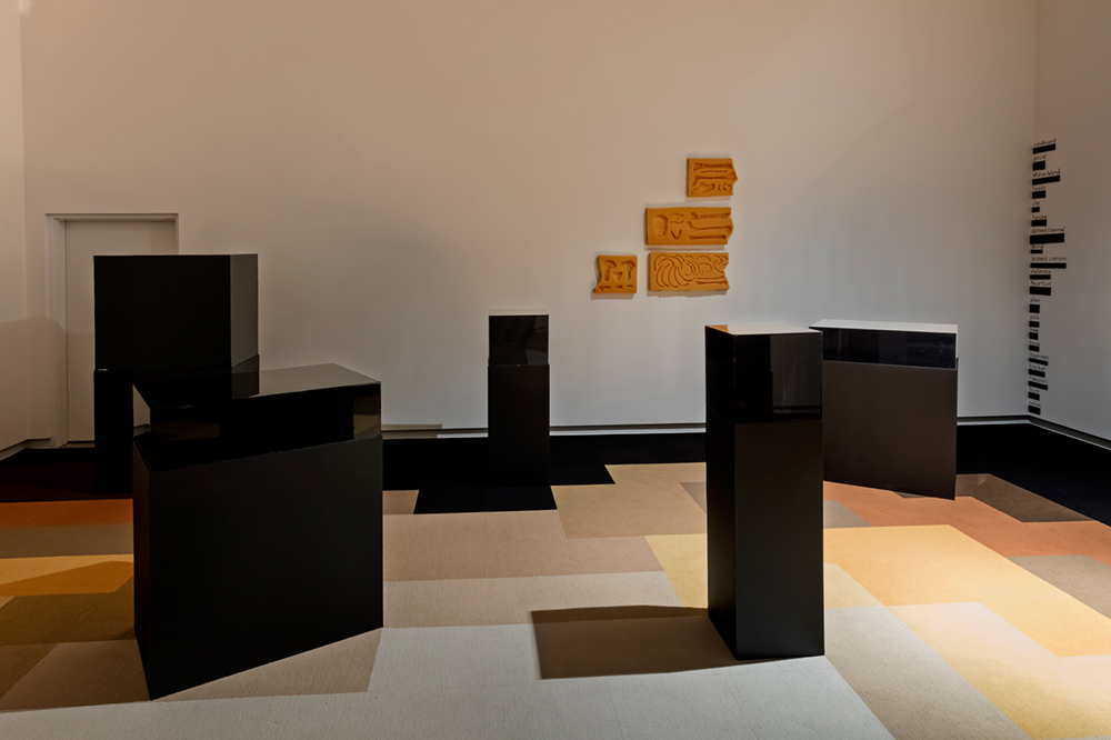 Five glass cases on plinths, artwork hanging on the wall, and the mosaic carpet made up of skin tone colours.