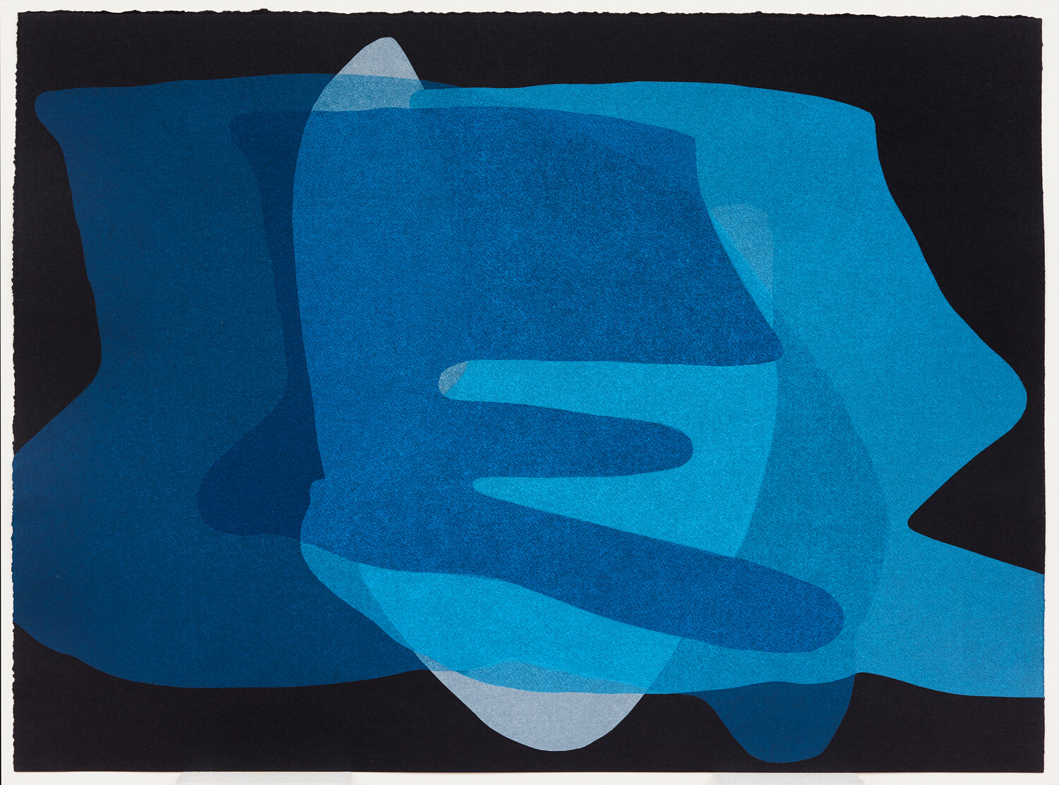 Blue layered organic shaped print on a black background.