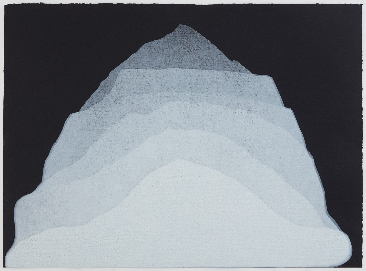 White layered organic shaped print on a black background.