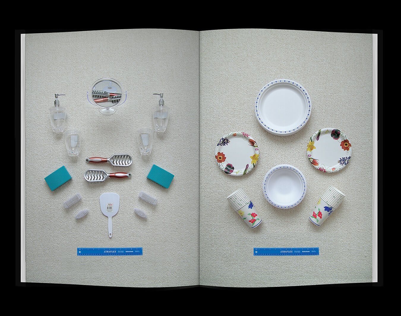 A publication spread containing photographs of a collection of beauty tools and a collection of paper plates and paper cups being measured by a ruler.
