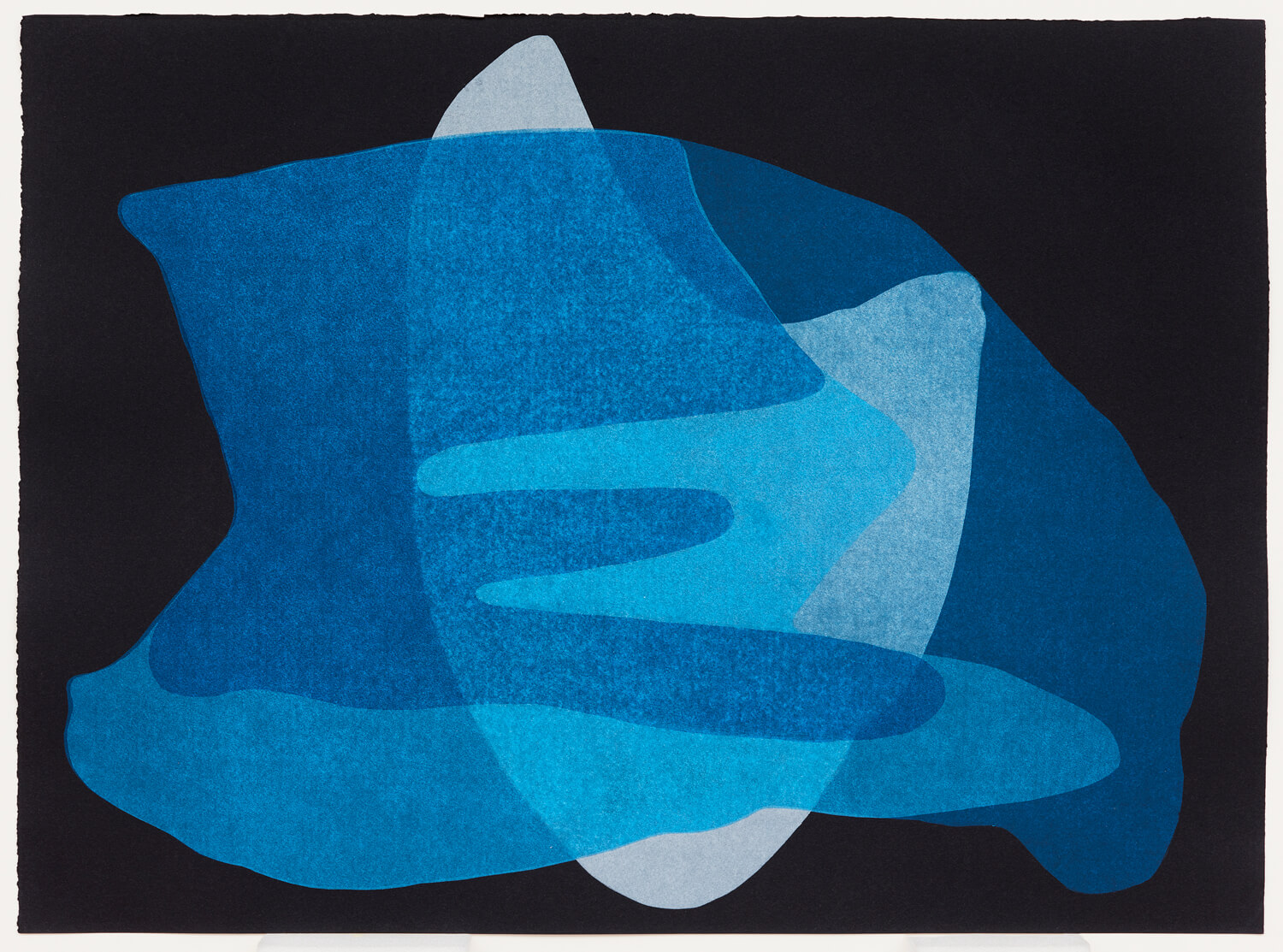 Blue layered organic shaped print on a black background.