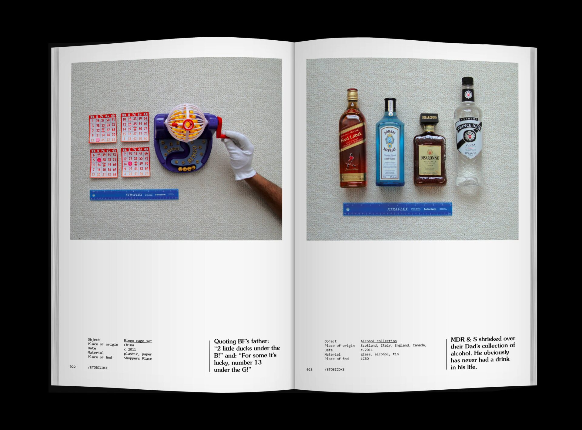 A publication spread containing photographs of a bingo cage set and alcohol bottles being measured by a ruler.