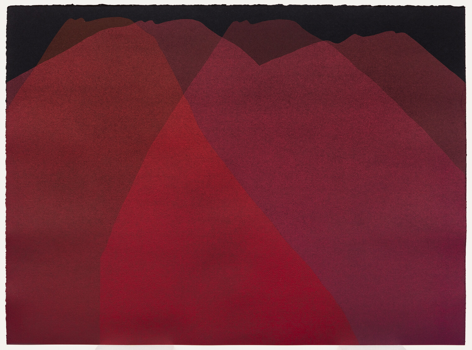 Red layered organic shaped print on a black background.