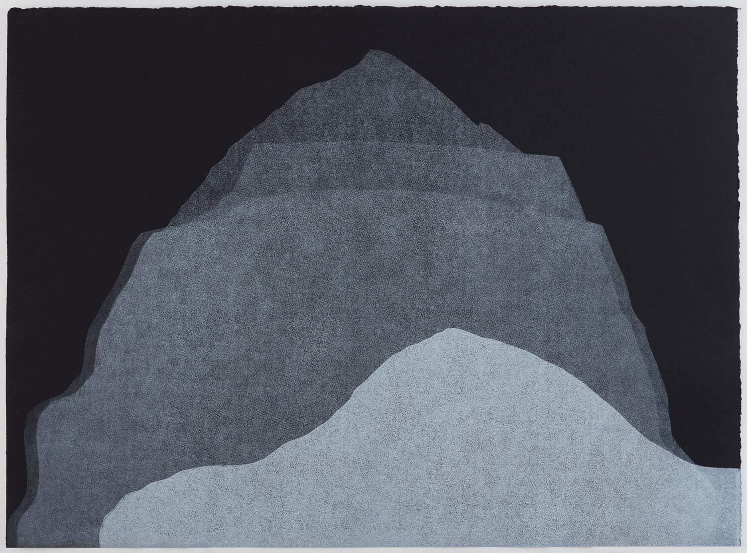 White layered organic shaped print on a black background.