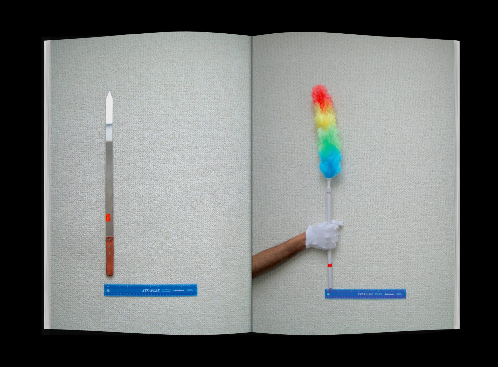 A publication spread containing photographs of a metal skewer and a duster being measured by a ruler.