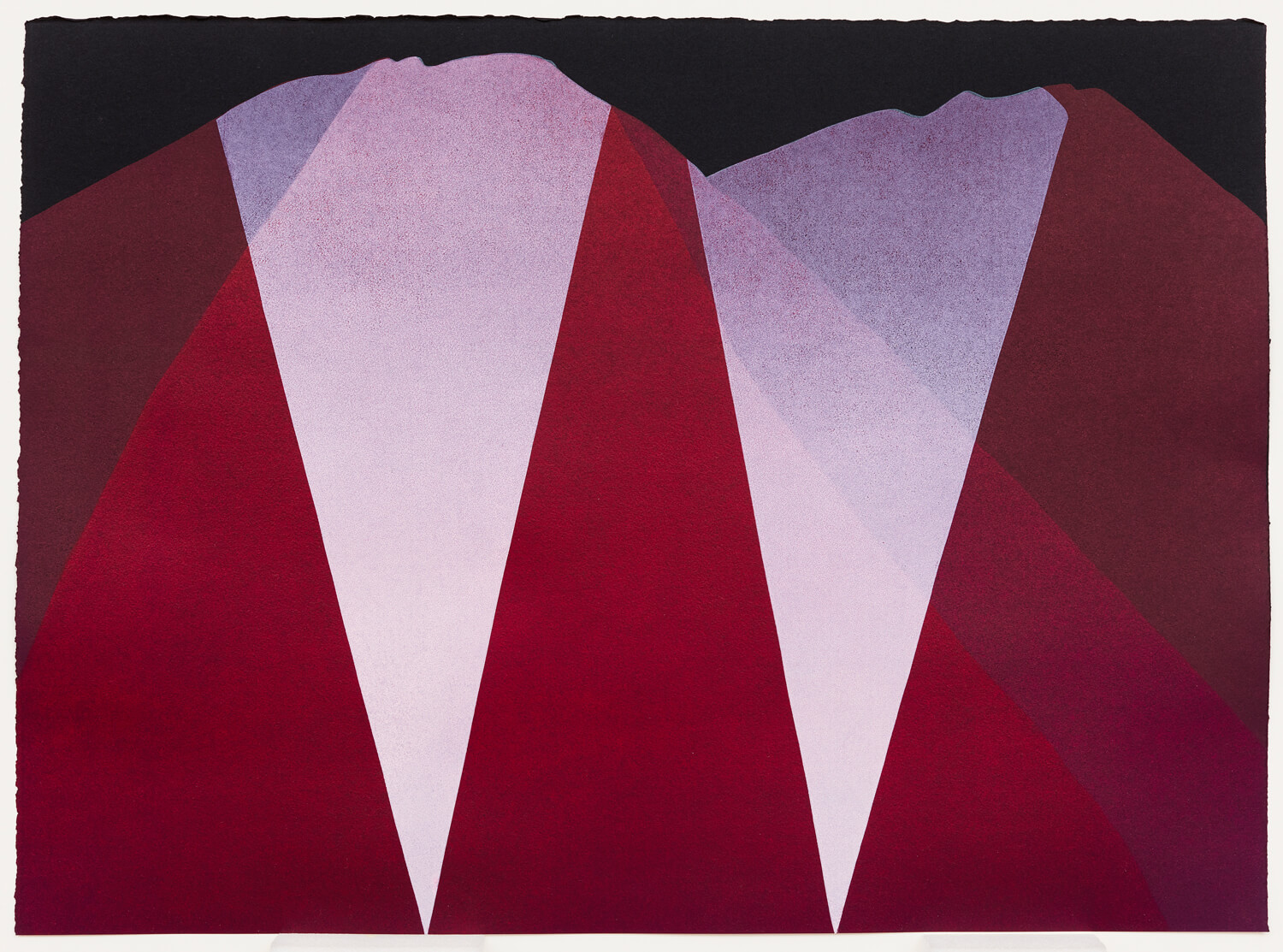 Red and white layered organic shaped print on a black background.