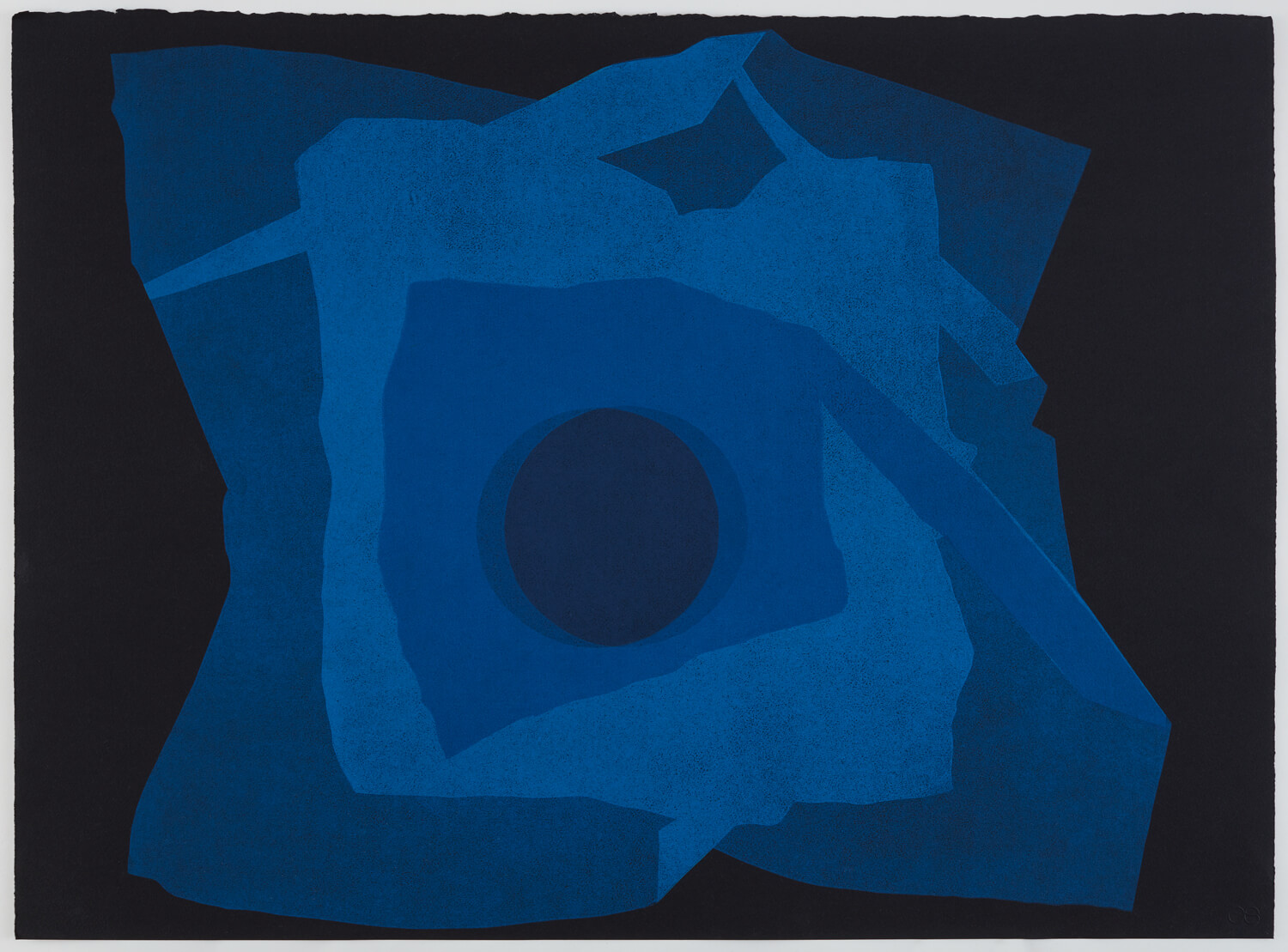 Blue layered organic shaped print on a black background.