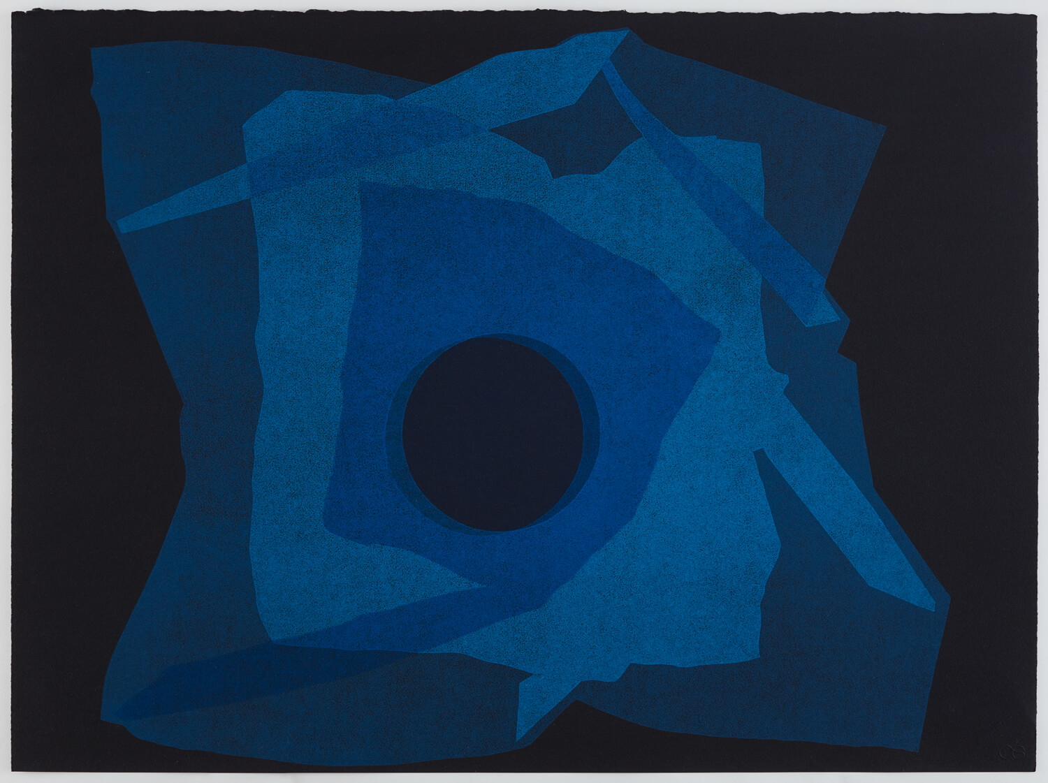 Blue layered organic shaped print on a black background.