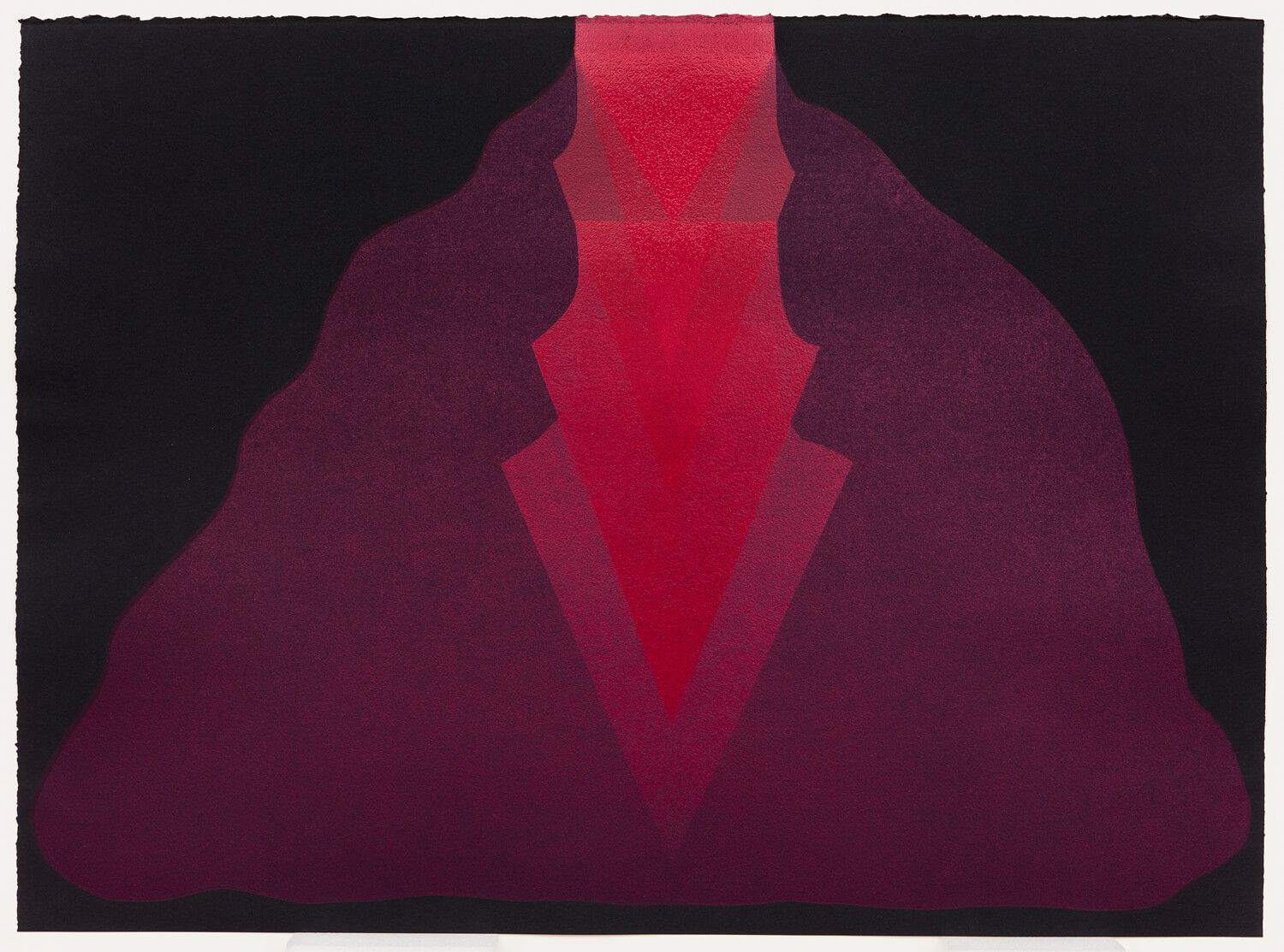 Red layered organic shaped print on a black background.