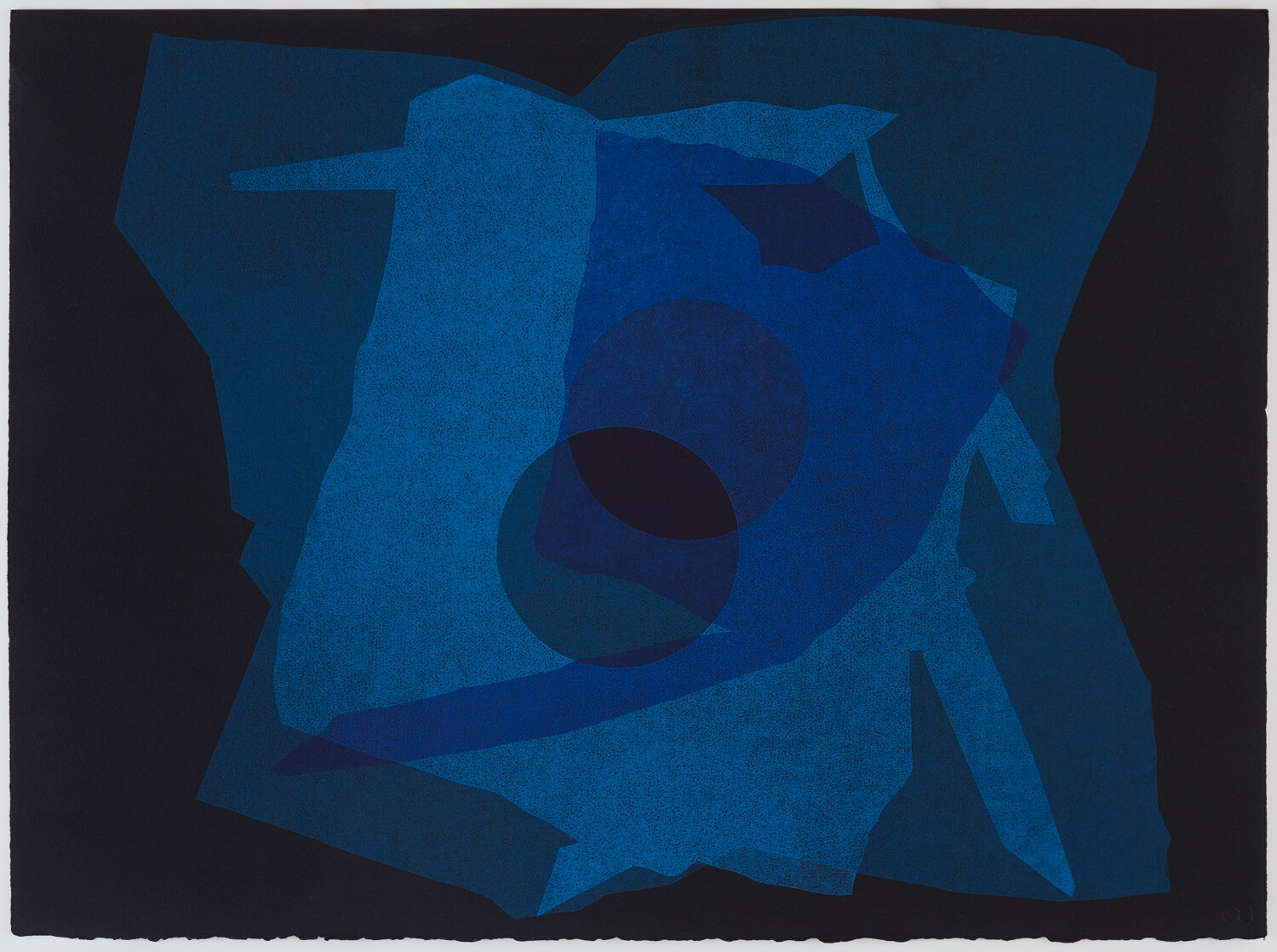 Blue layered organic shaped print on a black background.