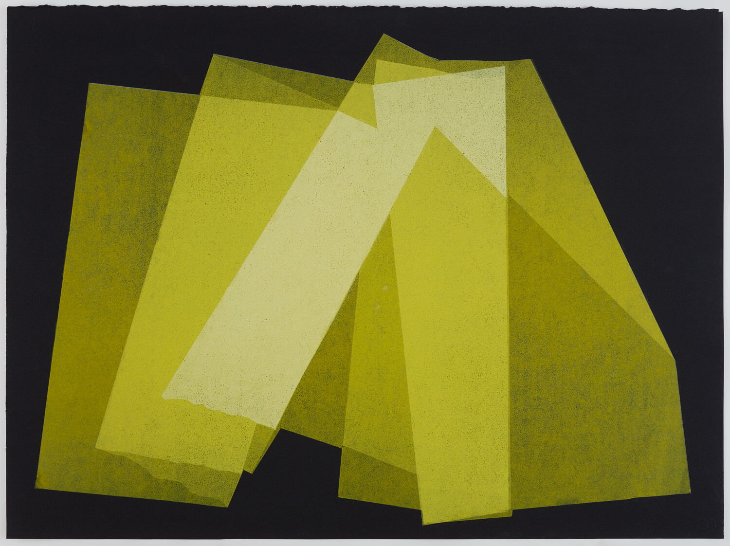 Yellow layered organic shaped print on a black background.