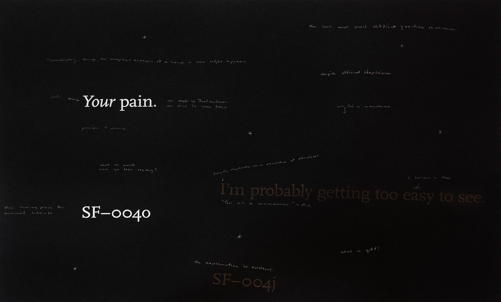 Various white and brown text in two different sizes and typography styles set on a black background.