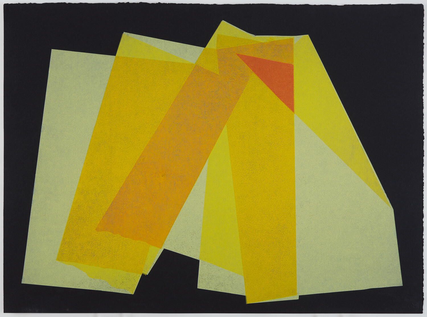 Yellow layered organic shaped print on a black background.