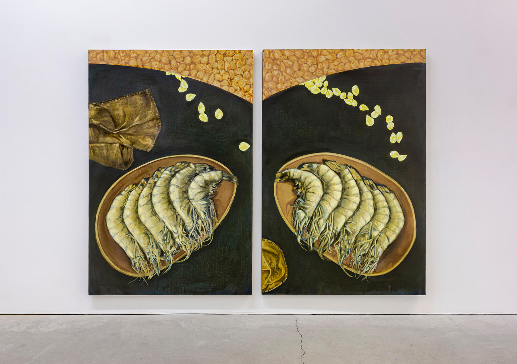 Two large oil paintings hanging beside each other on a white wall.