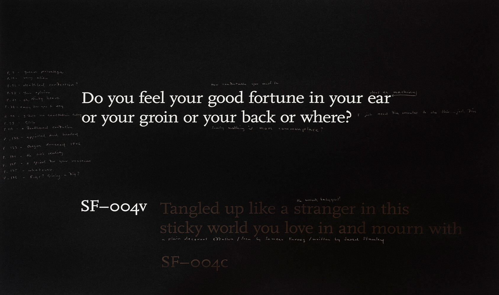 Various white and brown text in two different sizes and typography styles set on a black background.