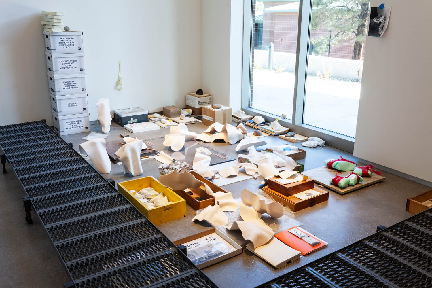 A series of objects placed strategically on the ground.