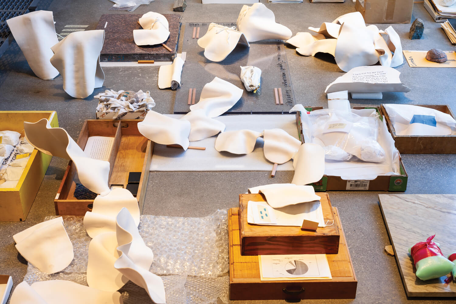 A series of objects placed strategically on the ground.