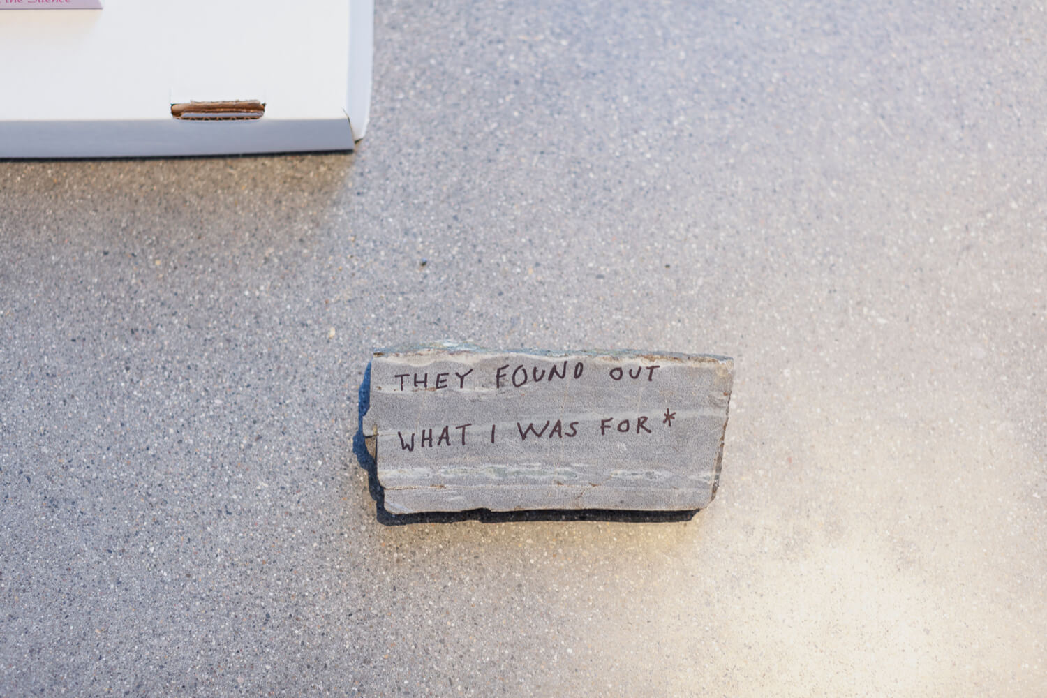 Text written on a piece of stone reading "THEY FOUND OUT WHAT I WAS FOR*".