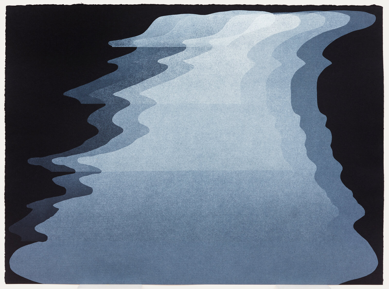 Blue-grey layered organic shaped print on a black background.