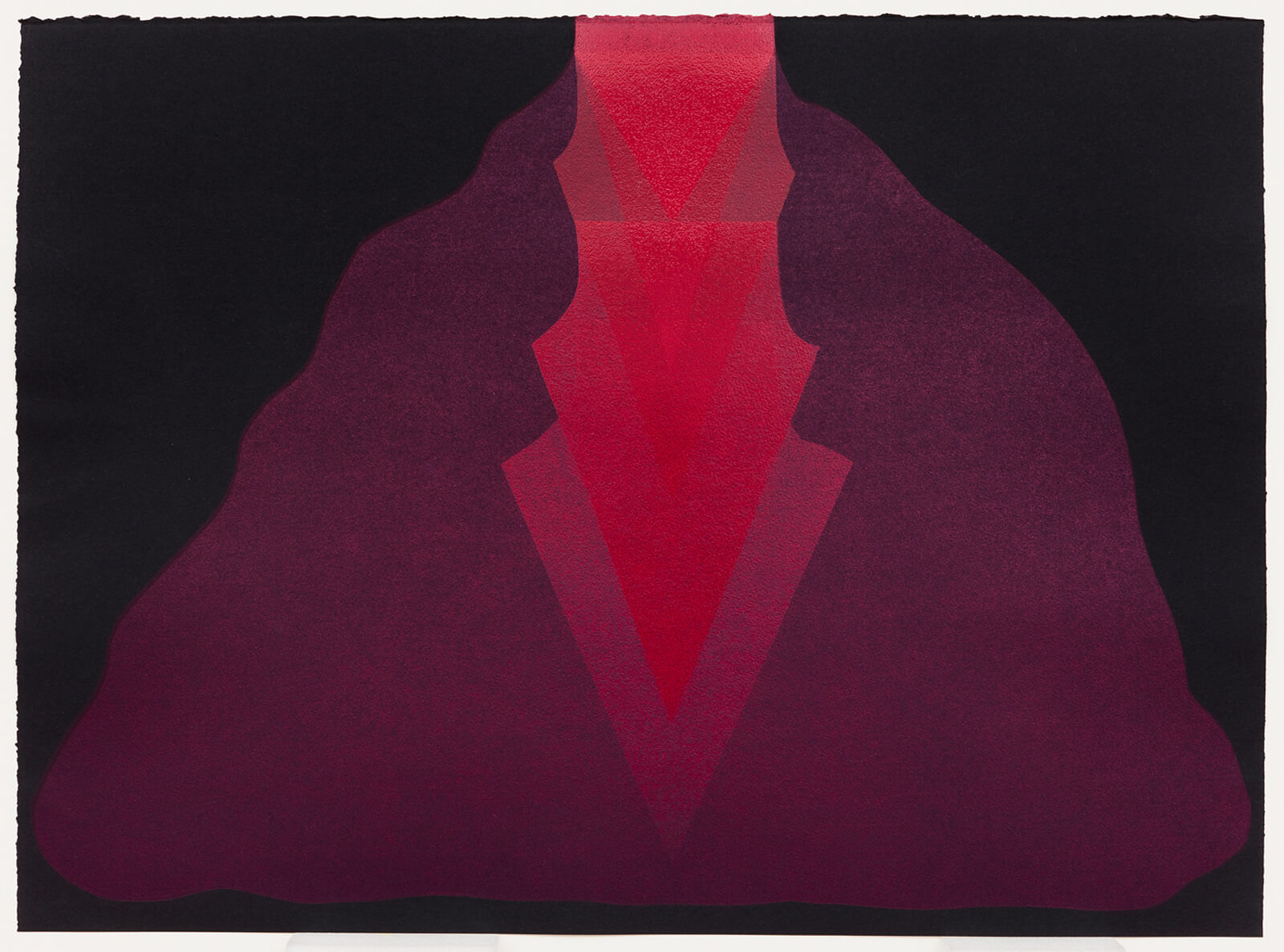 Red layered organic shaped print on a black background.